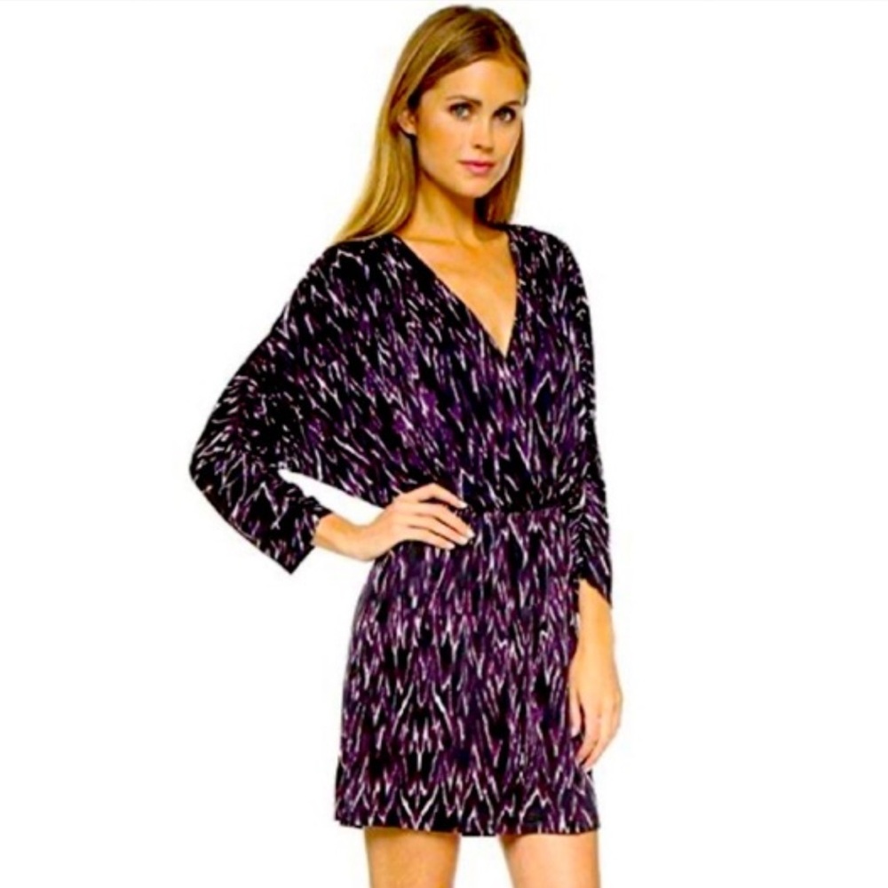 Parker Purple Black Pattern Dolman Long Sleeve Faux Wrap Dress